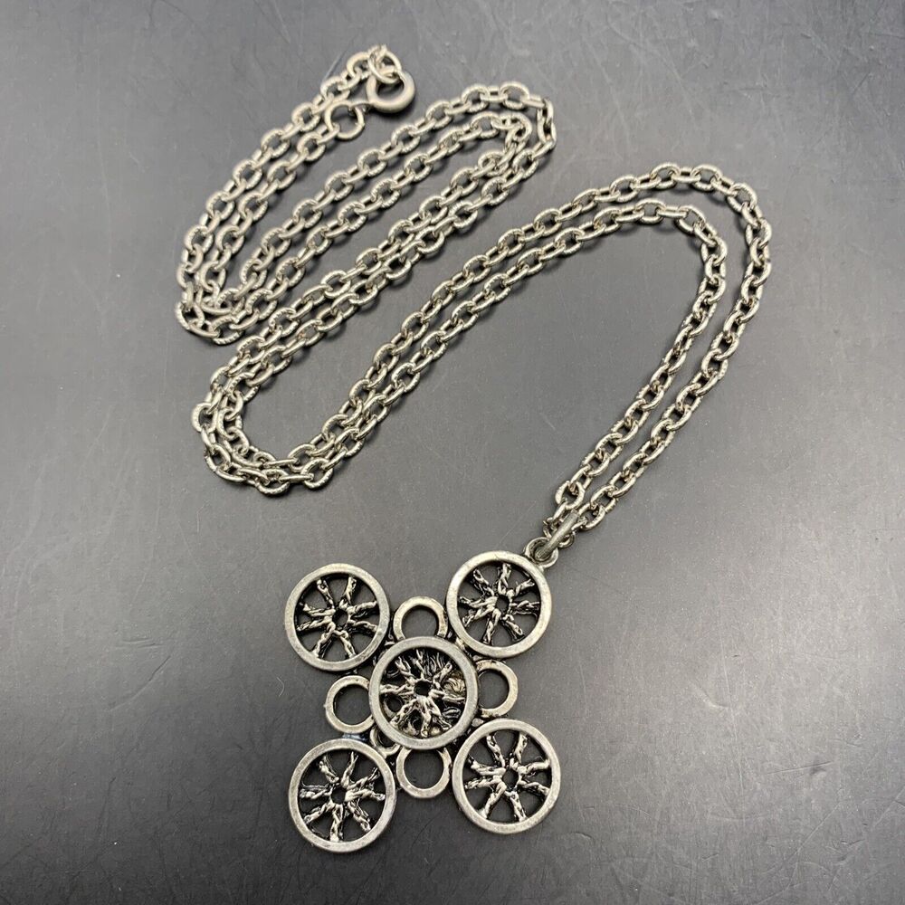 Abstract Cross Pendant Necklace Round Circle Interesting Silver Tone Vintage